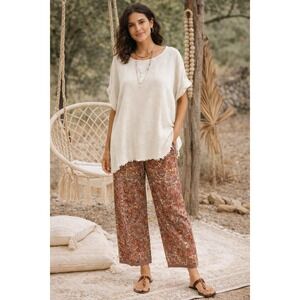2/$30 UMGEE Blouse Top Women Sz S Cream Linen Blend Fringed Hem Coastal Boho